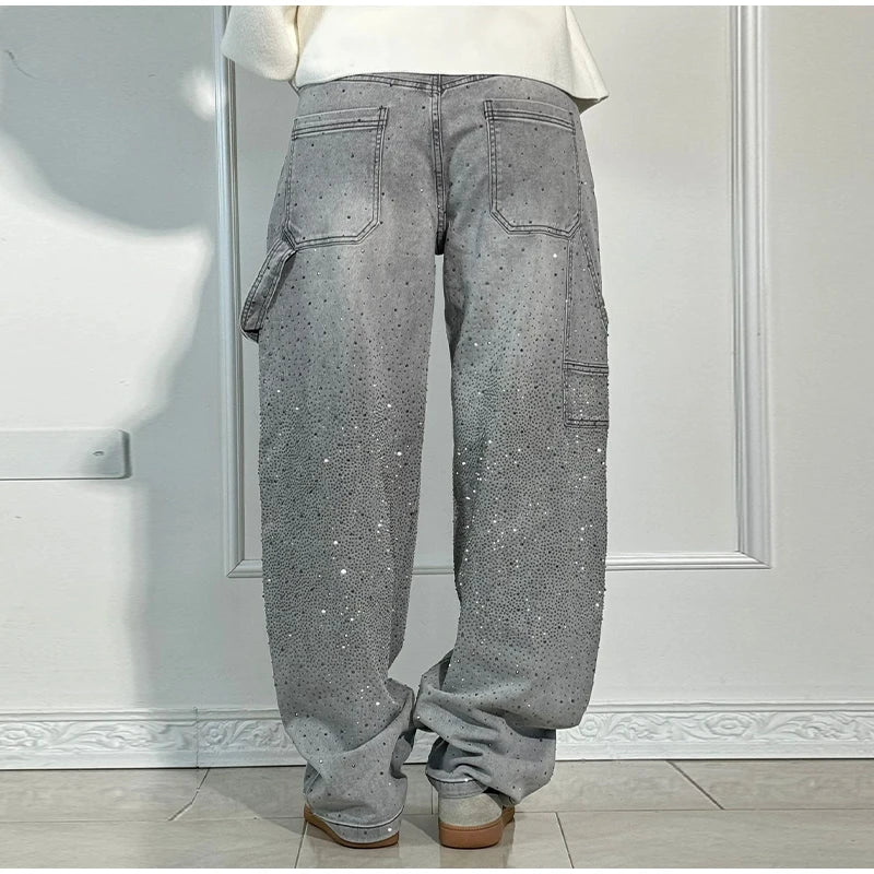 Shiny Rhinestone Baggy Women's Wide Leg Jeans Full Diamond Wide Leg Dragging Denim Pants Vintage Washed Pants Casual Trousers
