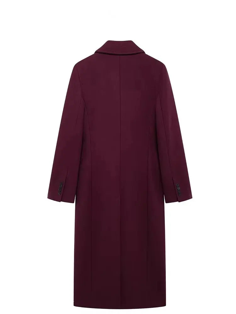 HH Women Fashion Burgundy Coat Double Breasted Long Sleeve Lapel Blends Jacket Autumn Winter High Street Outerwear