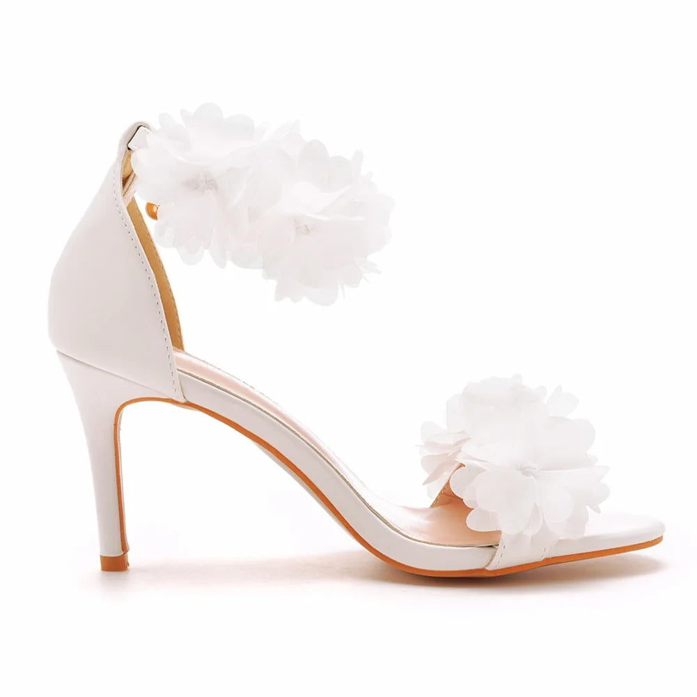 Women Sandals Fashion Sandalias Flower Decoration PU 8CM Cover Heel Buckle Strap White Solid Bridal Wedding Sweet Women's Shoes