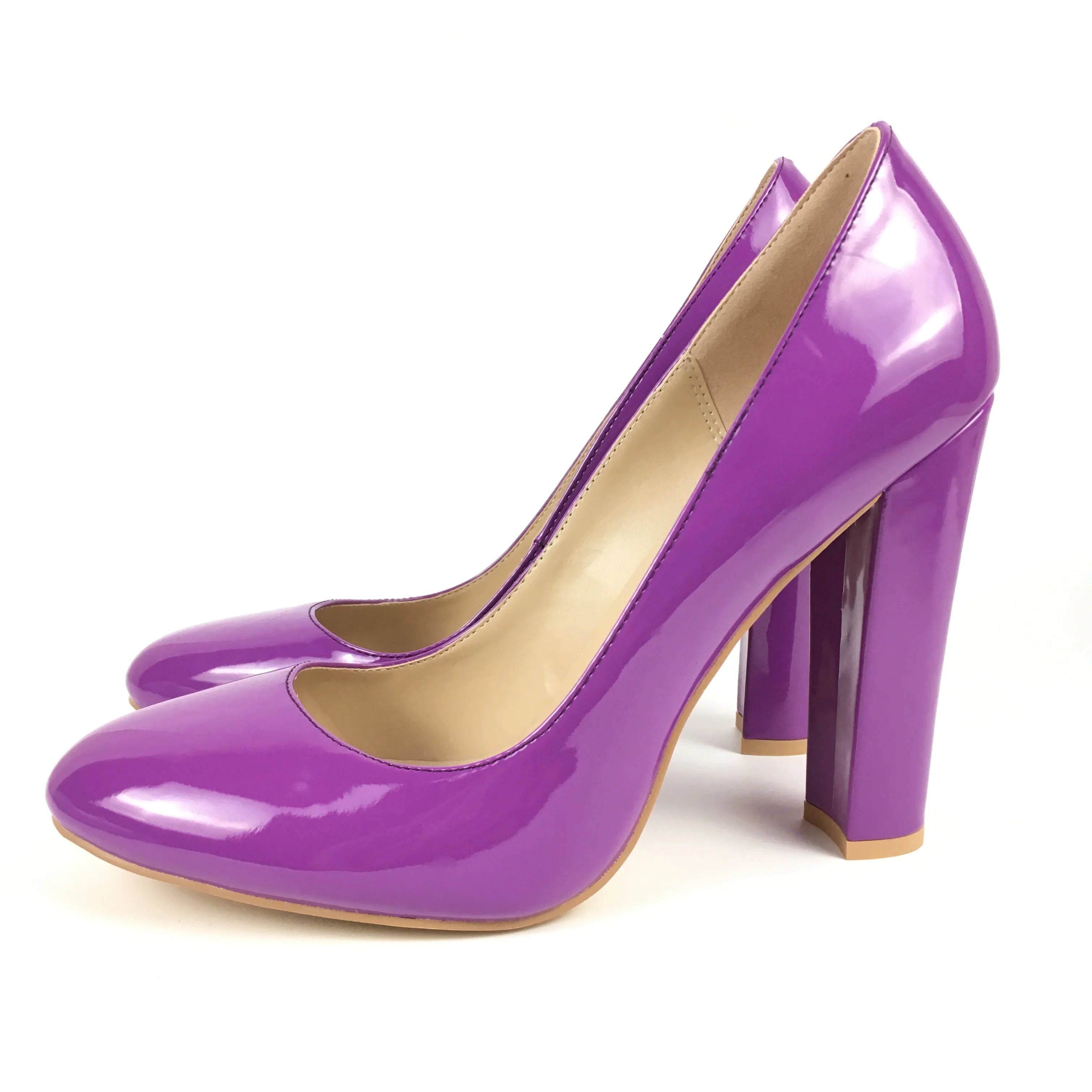 Women Patent Round Toe Block Heel High Heel Pumps Office Work Shoes Multi-color