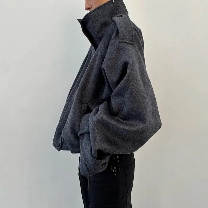 Stand Collar Women Spring Woolen Coats Single Breasted Loose Female Long Sleeve Jacket  Fashion Office Lady Street Short Coat