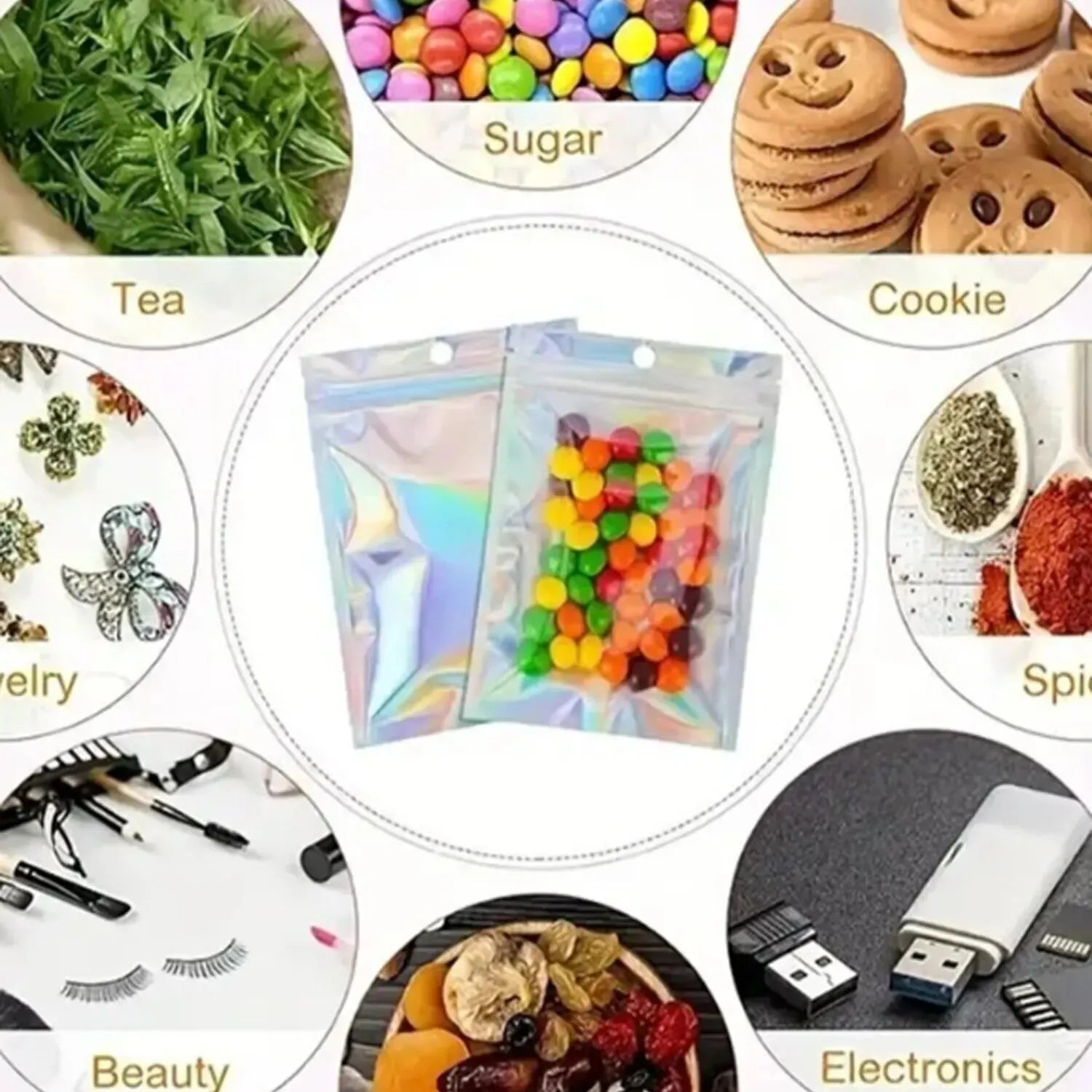 100PCS Holographic Bag Laser Rainbow Pattern Self Sealing Bag Candy Bag and Front Window Sample Bag