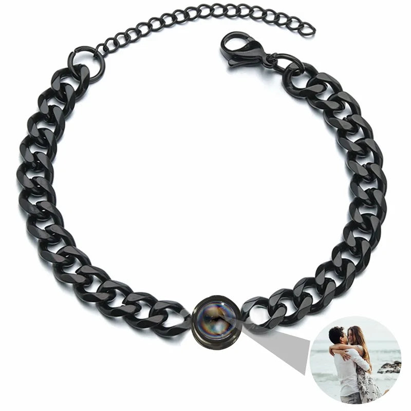 Custom Bracelet with Picture Inside Titanium Steel Cuban Link Chain Bracelet with Personalized Photo Projection for Men Women