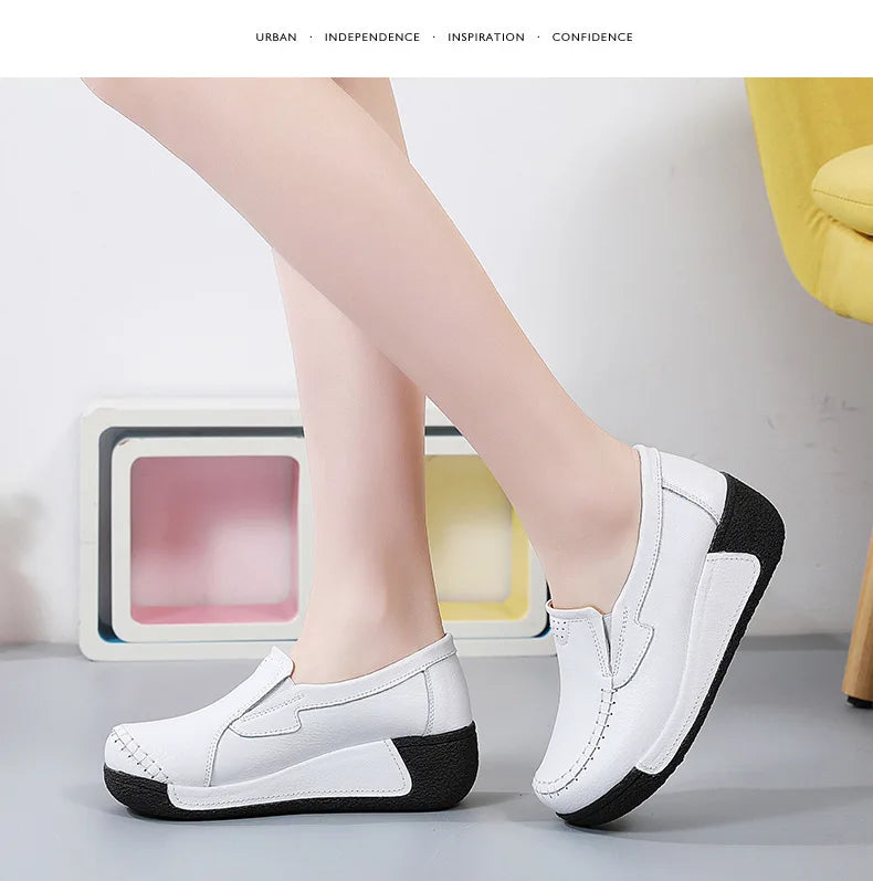 2022 Spring Autumn Women Flats Platform Loafers Ladies Genuine Leather Comfort Wedge Moccasins Orthopedic Slip On Casual Shoes