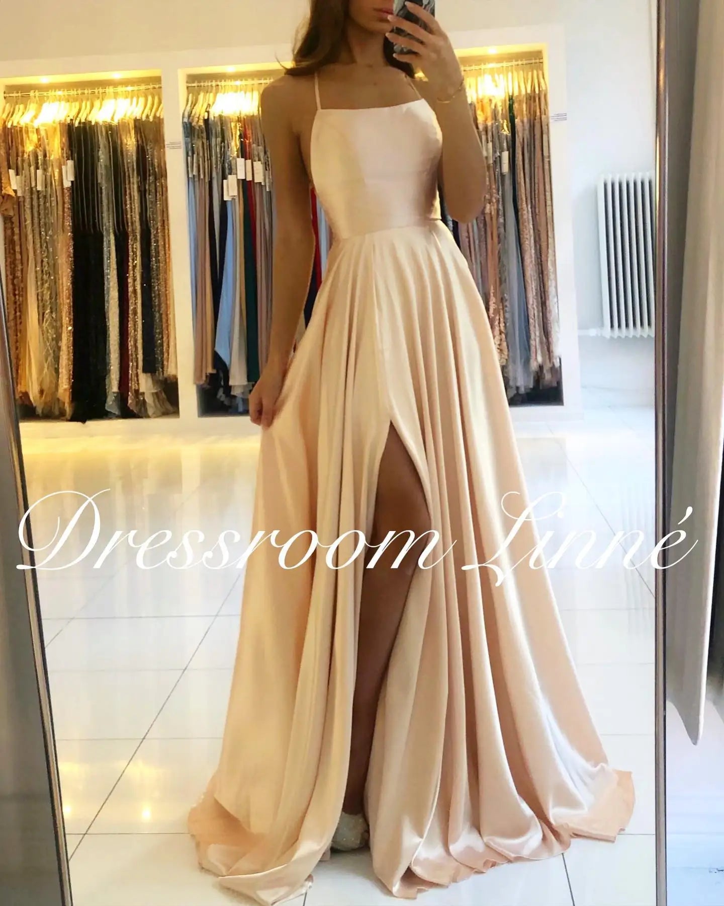 BABYONLINE Simple In Stock Soft Sliky Satin Bridesmaid Dresses Cowl Neck Tieing Thin Straps Leg Slit and Flowing A-line Dress