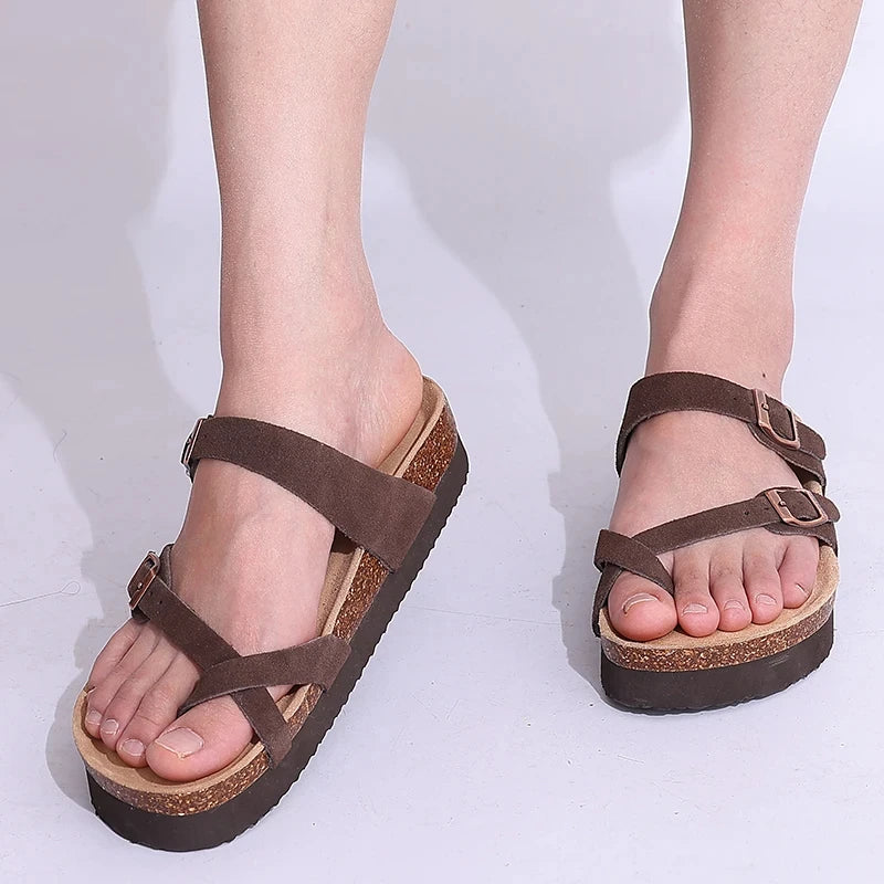 Shevalues Women Sandals Fashion Casual Cork Slippers Comfort Flats Slides With Adjustable Buckle Female Thick Sole Home Shoes