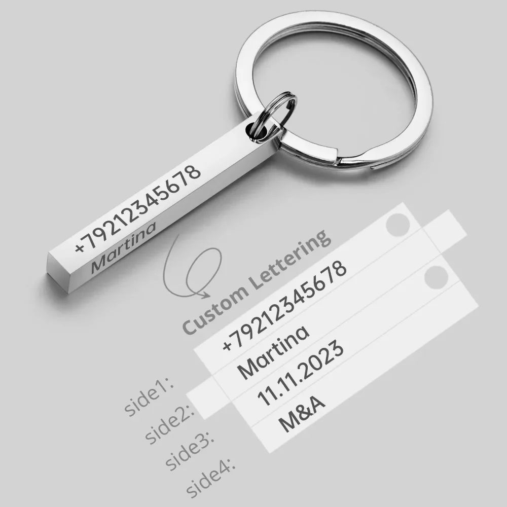3D Bar Stainless Steel Personalize Keychains Engrave Text Name Date Logo Keyrings Customized Key Chain Rings Christmas Gift P039
