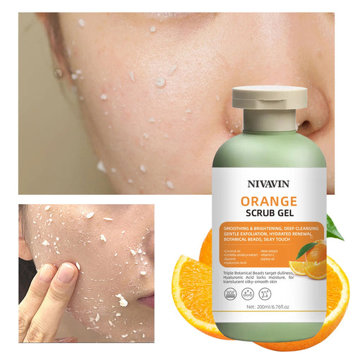 200ml Orange Scrub Gel is suitable for all skin types, gently removes dead skin cells, moisturizes and brightens the skin tone