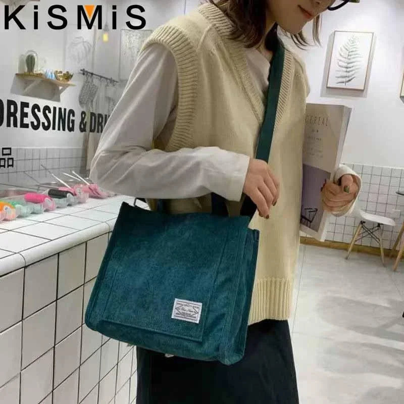 Fashionable Corduroy Shoulder Bag for Women Large Capacity Handbag Portable Small Square Crossbody Bag Trendy Style