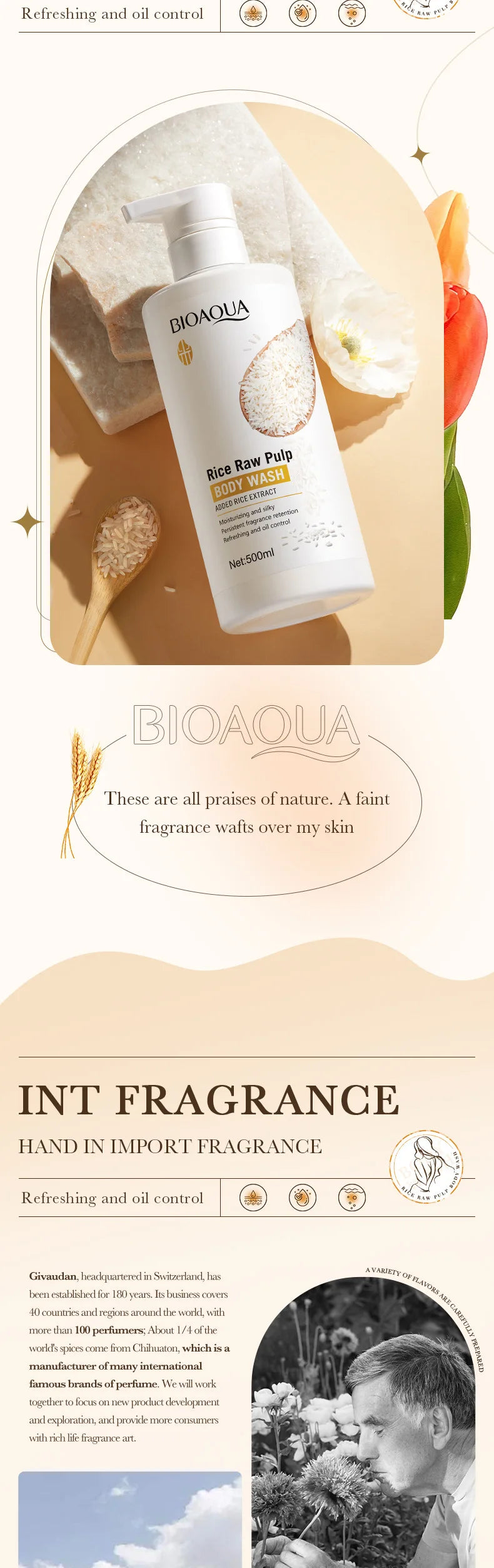 Rice Pulp Body Shower Gel 500ml, Hypoallergenic and Moisturizing, Refreshing and Oil-Controlling, with a Long-Lasting Light Fragrance, Suitable for All Light Beige and Sensitive Skin, Easily Removes Oil and Dirt, Provides Dai