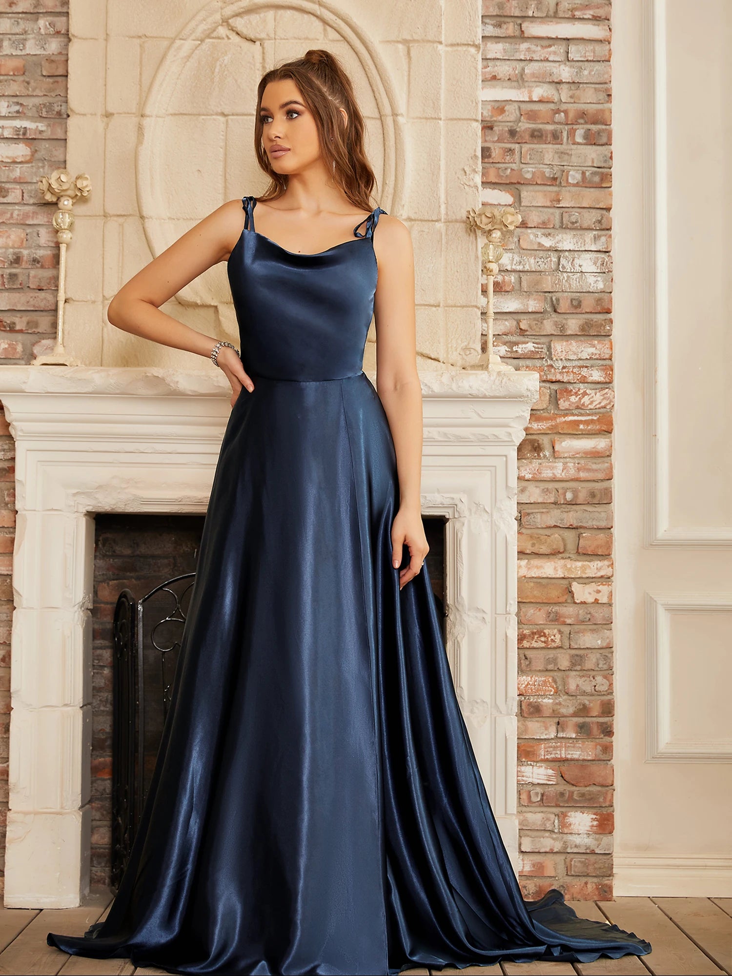 BABYONLINE Simple In Stock Soft Sliky Satin Bridesmaid Dresses Cowl Neck Tieing Thin Straps Leg Slit and Flowing A-line Dress