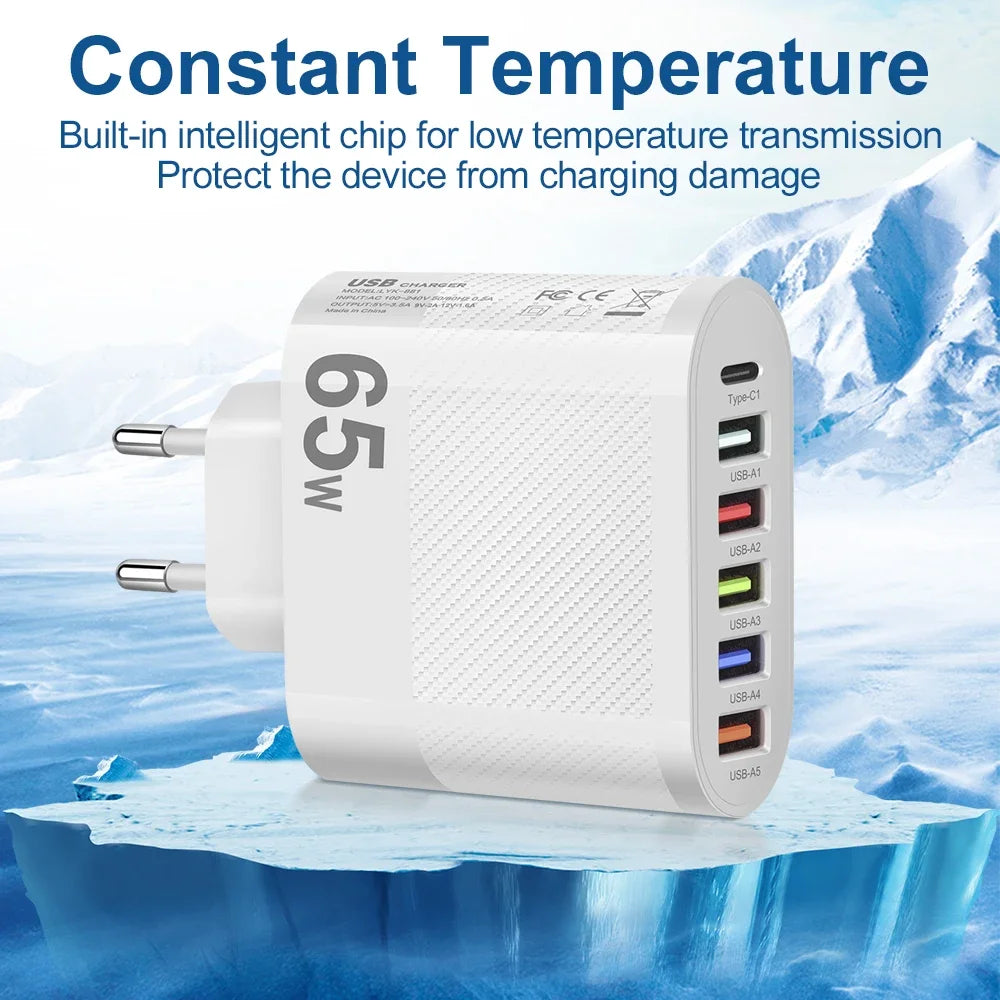 3.1A 5 Ports USB Charger PD Fast Charging Adapter For iPhone Xiaomi Samsung Mobile Phone EU/US/UK Plug Charge QC3.0 Wall Charger