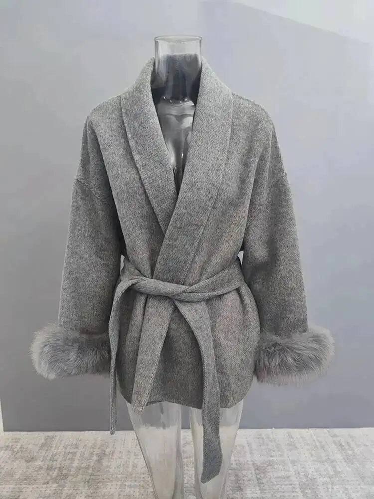 UCXQ Elegant OL Office Lady Overcoats Fur Patchwork Long Sleeve Woolen Coat Beautiful Women's Clothing Jacket Autumn 2025 Winter
