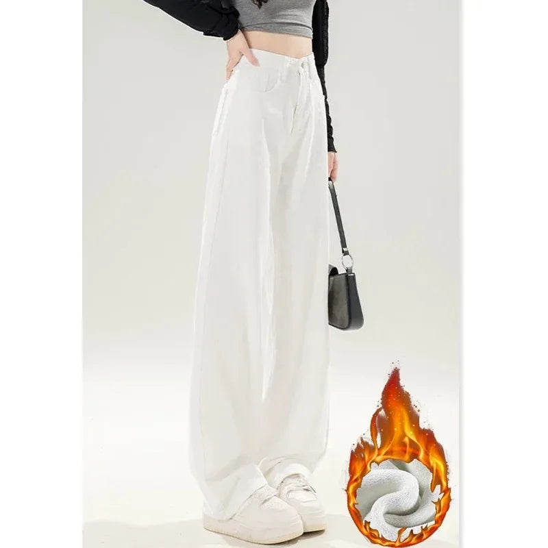 Winter Korean Fleece Thermal Straight Women's Jeans Girls Snow Warm Casual High Waist Denim Pants Lady Daily Loose Leg Trousers
