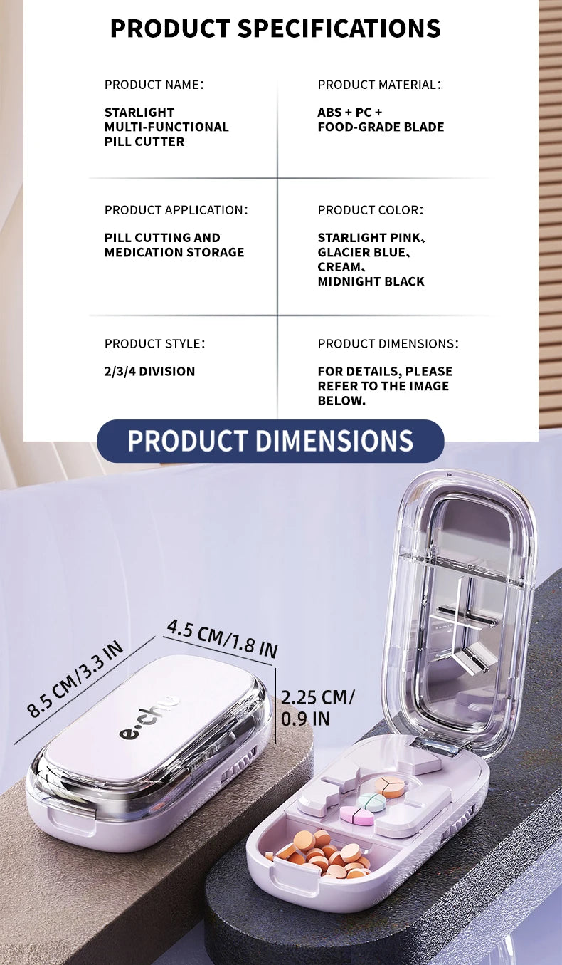 3 in 1 Upgraded Pill Cutter Precise Multi-Pill Divider Adjustable with Centering Device for Tablets Portable Travel & Home Use