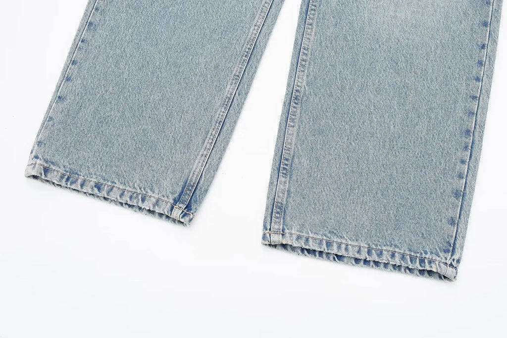 HH 2024 Women's Street Fashion Denim Blue Jeans Distressed Patchwork High Waist Zipper Fly Ripped Retro Long Pants