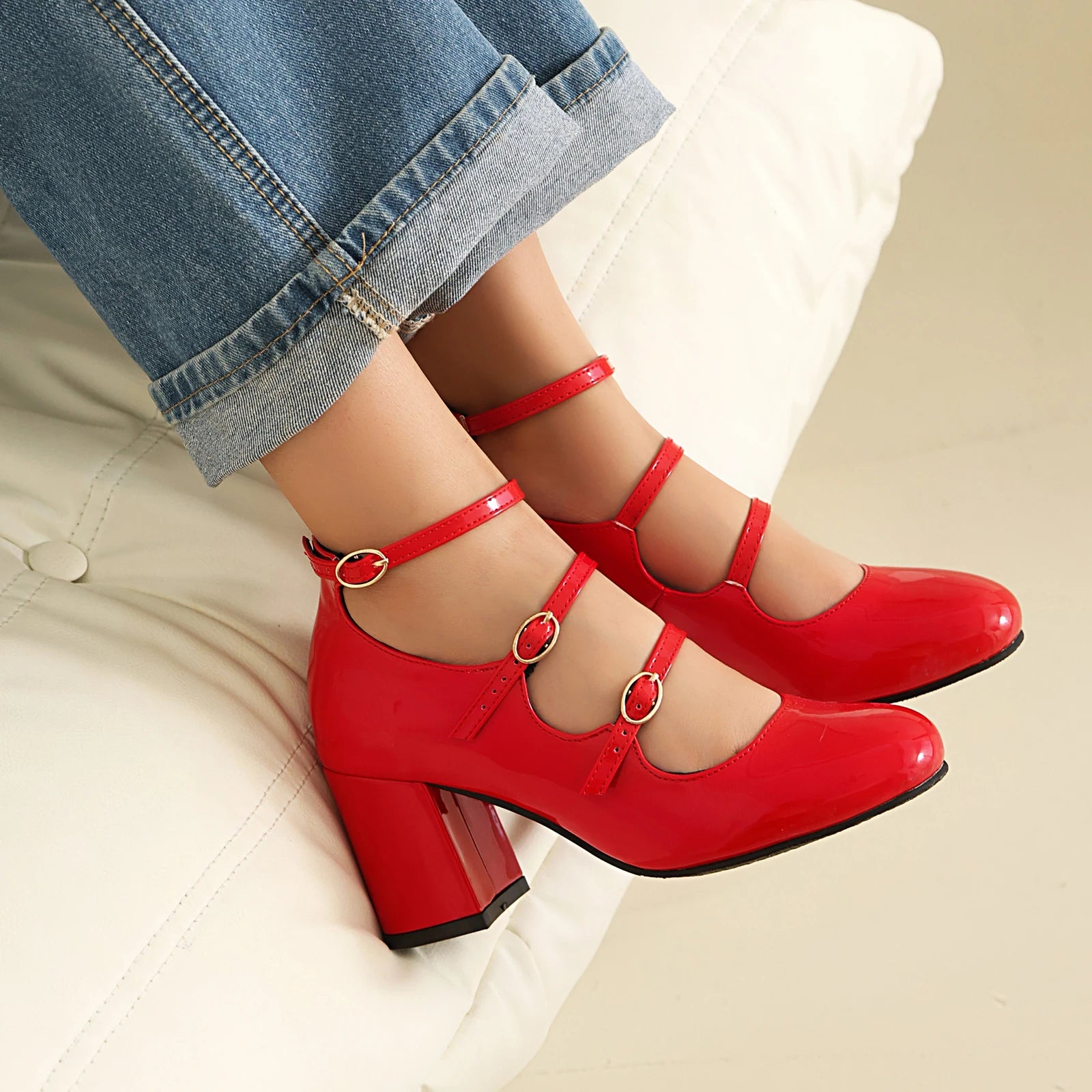 Pu High Heels Square Heel MARY JANES Square Toe Casual 2024 High Quality Ladies Shoes Buckle Strap Solid Fashion Pumps