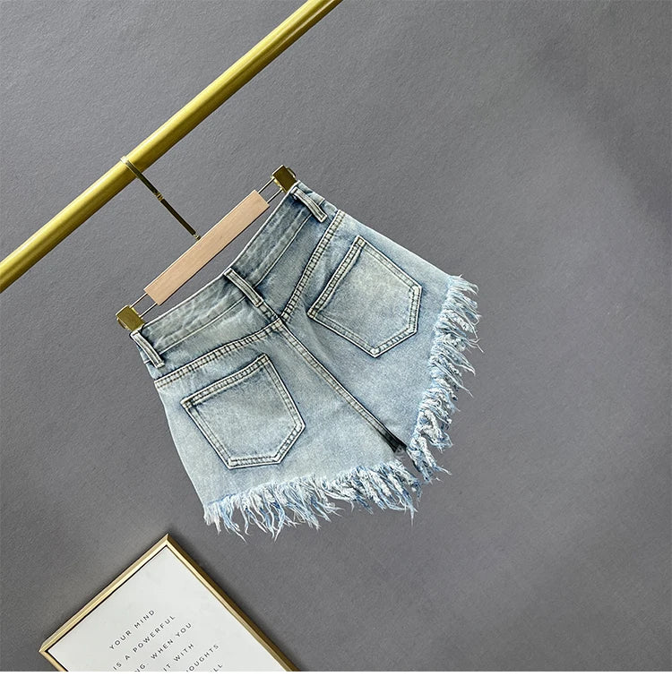 Diamond-Embedded Denim Shorts Women's Fashionable 2023 New Summer High Waist Loose Slimming Raw Hem Wide Legs Short Hot Pants