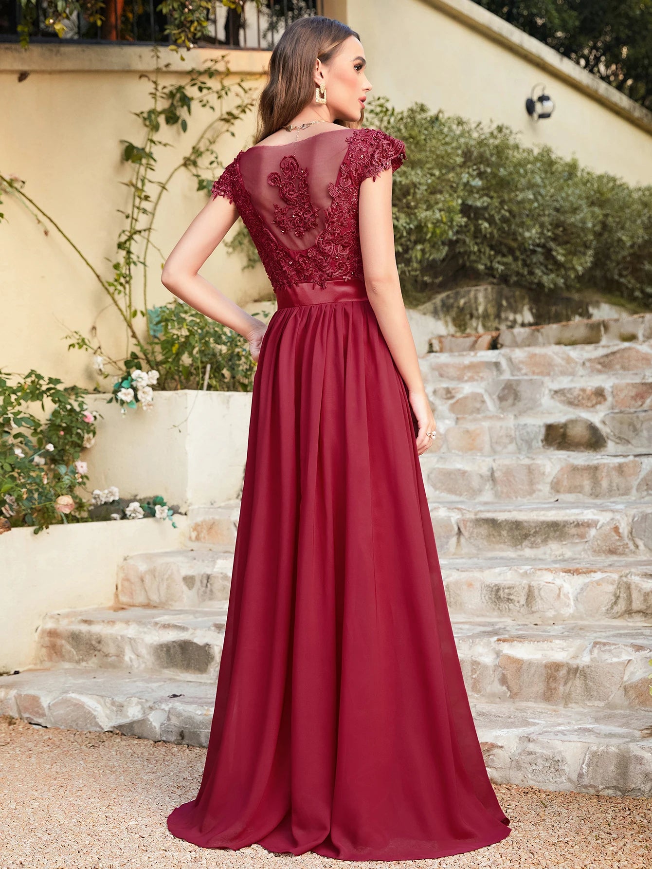 A-line V Neck Sleeveless Floral Lace Chiffon Back Hollow Long Paty Bridesmaid Dress Women 2024 For Wedding Sexy Evening Dress