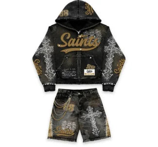 American popular retro cross niche letter print loose denim old shorts men's street fashion gothic casual new sweatshirt suit