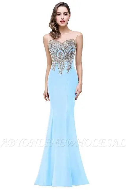 BABYONLINE Golden Appqulies Bridesmaid Dresses for Women Maxi Floor Length Mermaid Gowns Elegant Sweetheart Illusion Summer