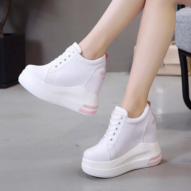 Women's Ankle Boots Autumn Leather Chunky Shoes Woman Platform Height Increased Sneakers 10.5CM Thick Sole Wedges White Boots