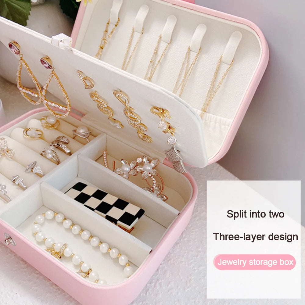 Portable double-layer buttoned jewelry storage box necklace watch, earring ring jewelry