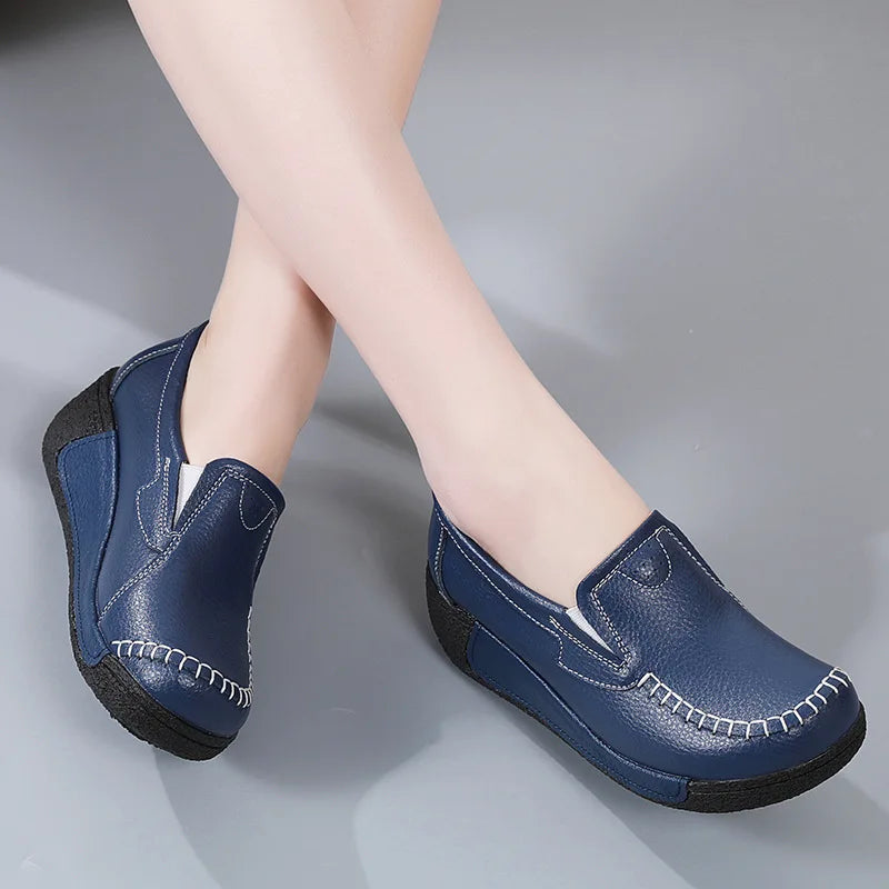 2022 Spring Autumn Women Flats Platform Loafers Ladies Genuine Leather Comfort Wedge Moccasins Orthopedic Slip On Casual Shoes