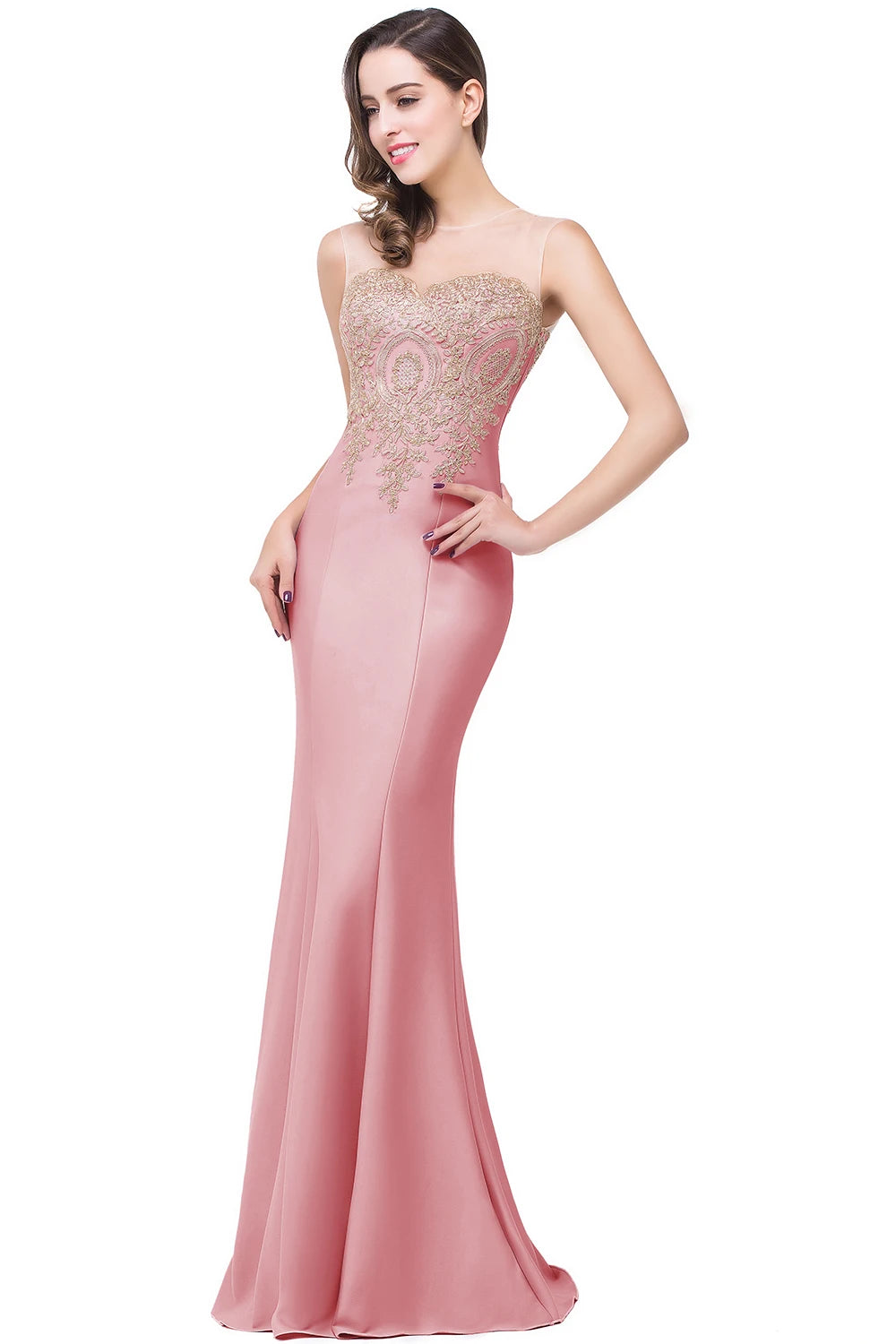 BABYONLINE Golden Appqulies Bridesmaid Dresses for Women Maxi Floor Length Mermaid Gowns Elegant Sweetheart Illusion Summer