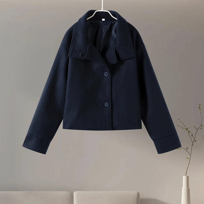 Stand Collar Women Spring Woolen Coats Single Breasted Loose Female Long Sleeve Jacket  Fashion Office Lady Street Short Coat