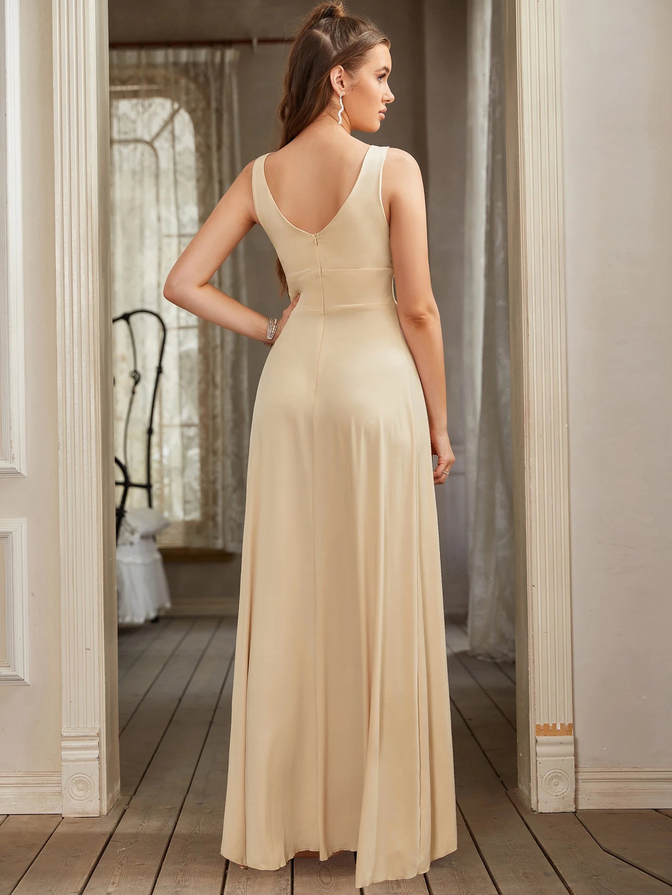 BABYONLINE A Line Split V Neck Bridesmaid Dress Long for Women Wedding Party Formal Dress Sleeveless Floor Length Maxi Evening
