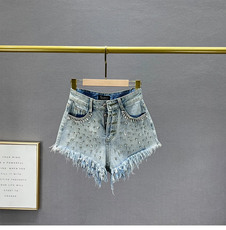 Diamond-Embedded Denim Shorts Women's Fashionable 2023 New Summer High Waist Loose Slimming Raw Hem Wide Legs Short Hot Pants