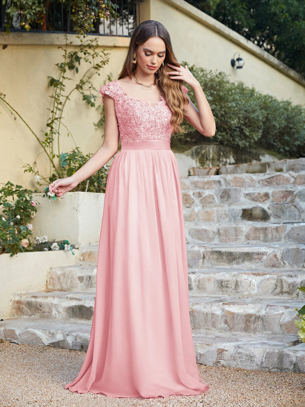 A-line V Neck Sleeveless Floral Lace Chiffon Back Hollow Long Paty Bridesmaid Dress Women 2024 For Wedding Sexy Evening Dress