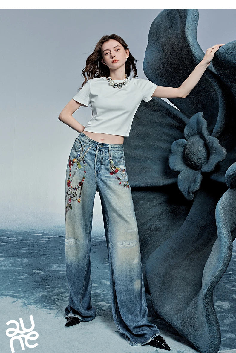TOYOUTH Women Denim Jean 2025 Spring New Long Pants 8518053