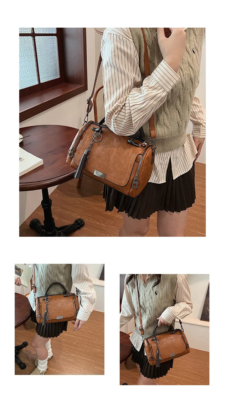 HOMEFISH Large Capacity Shoulder Bag for Women with Tassel Decoration Fashion Detachable Chain Boston Handbag Shoulder Bag