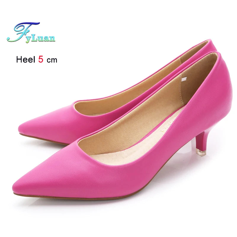Black Med Heels 5cm Women Shoes Thin Heels Pointed Shallow Mouth Ladies Pumps Ten Colours Microfiber Stiletto Shiny Dating Shoes
