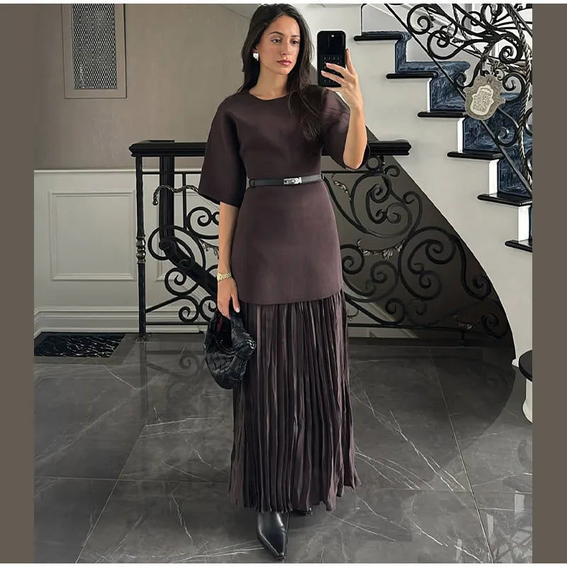 2025 Chic Splicing Brown Half Sleeve Maxi Dress Women's Casual Pleated A-line Slim Vestidos Female Office Commute Street Robes