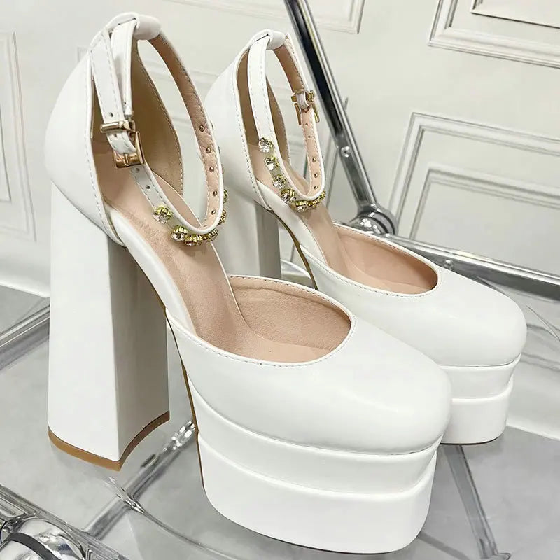High Heels Women 2025 New Fashion Show 15cm Personality Super High Heel Waterproof Square Head Black Silk Runway Shoes