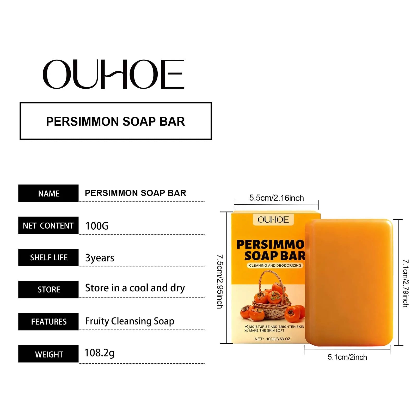 OUHOE Persimmon Soap Bar Sweet Fruity Scent Strengthen Skin Barrier Protection Maintain Healthy Removes Surface Dirt