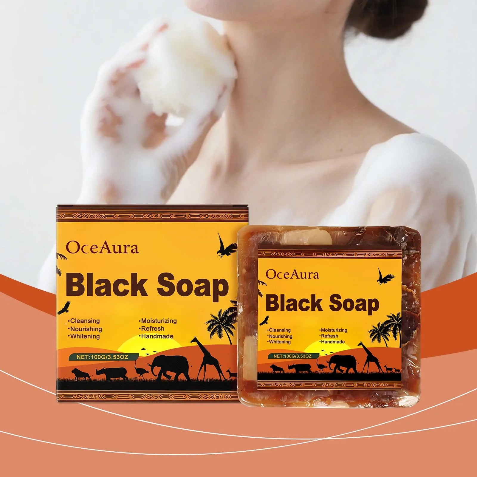 OceAura Lightening Black Soap Oil Control Pore Shrinking Moisturizing Skin Handmade Organic Cocoa Butter Body Cleaning Soap Bar