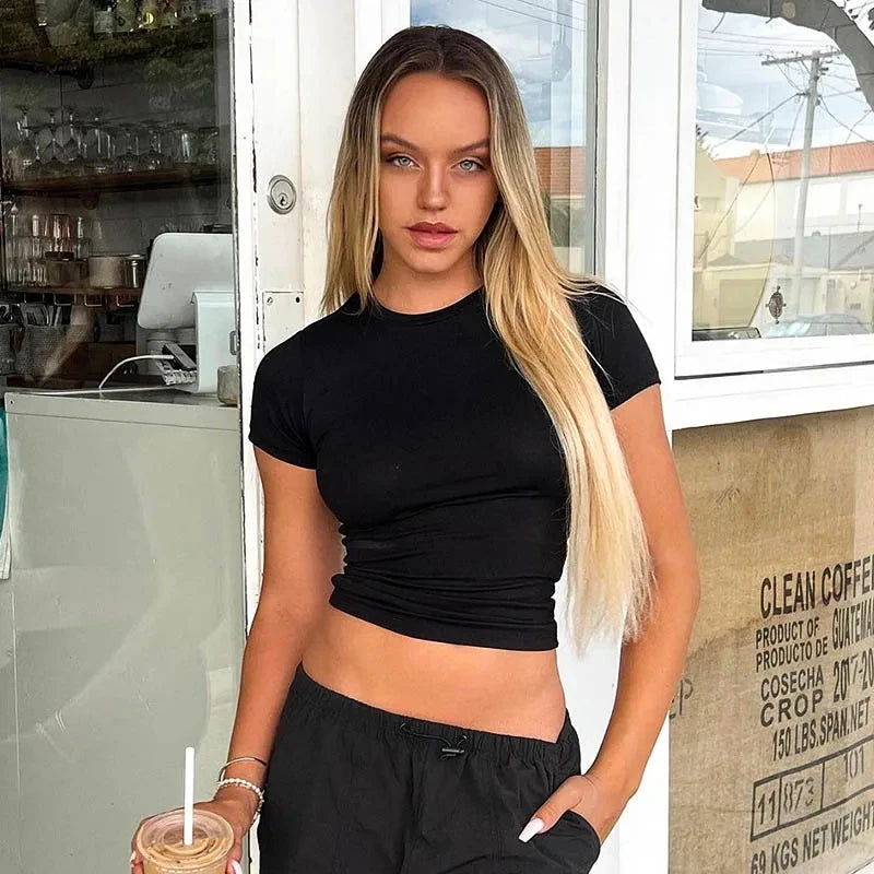 Spring Summer New Short Sleeve T-Shirt Women Solid Simple Casual Soft All-Match Hot Basic Crop Tops Tees Summer Fashion