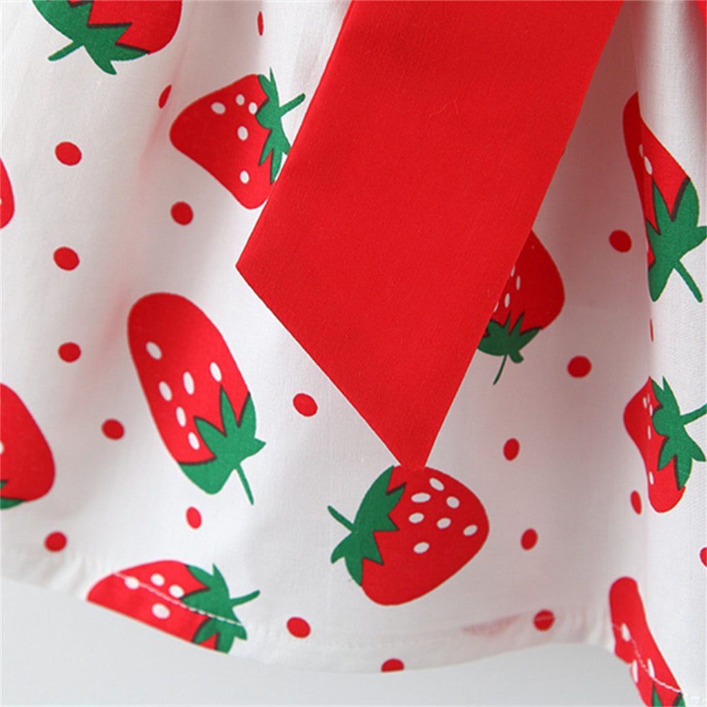 New Summer Baby Girls Dress + Hat Big Bow Ribbon Halter Strawberry Polka Dot Full Print Sweet Princess Dress Birthday Party Team