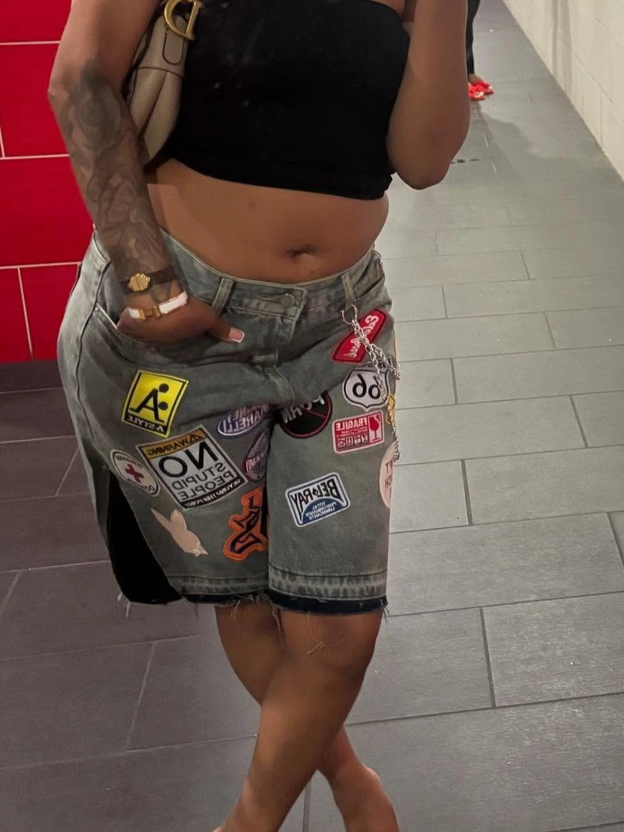 Harajuku Hip Hop Cartoon Denim Shorts Women Embroidery Patchwork Baggy Short American 2000s Y2k Jeans Low Waist Sports Shorts