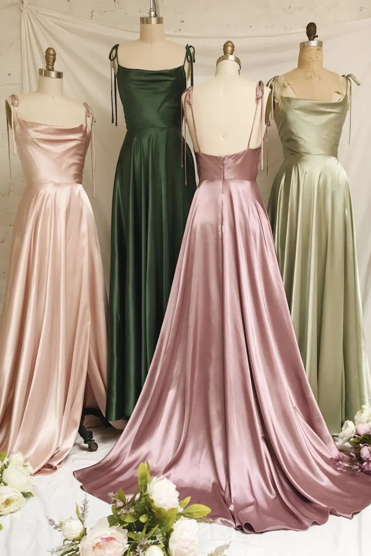 BABYONLINE Simple In Stock Soft Sliky Satin Bridesmaid Dresses Cowl Neck Tieing Thin Straps Leg Slit and Flowing A-line Dress