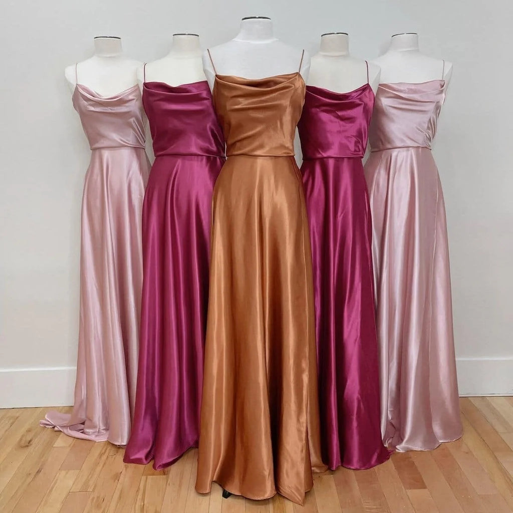 BABYONLINE Simple In Stock Soft Sliky Satin Bridesmaid Dresses Cowl Neck Tieing Thin Straps Leg Slit and Flowing A-line Dress