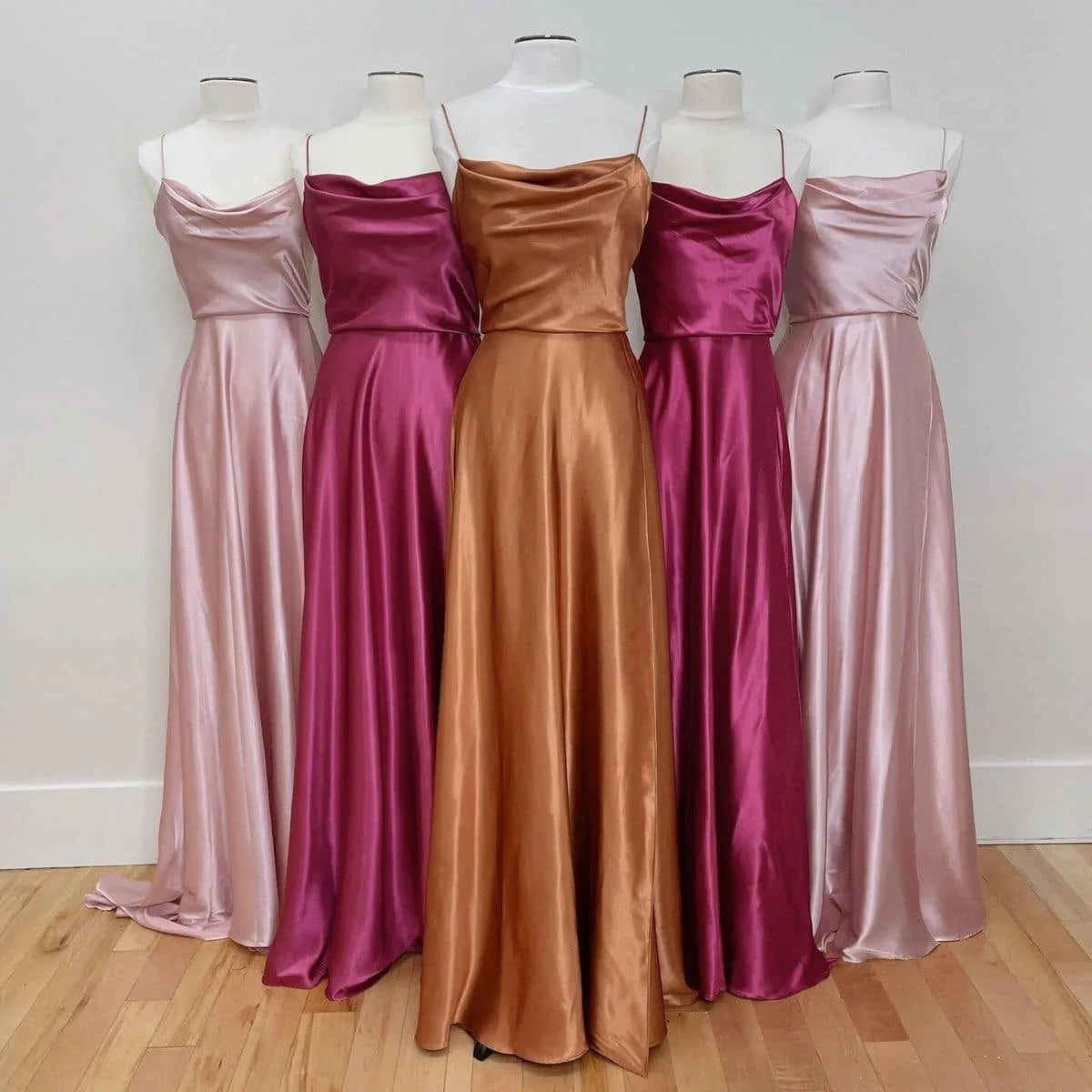 BABYONLINE Simple In Stock Soft Sliky Satin Bridesmaid Dresses Cowl Neck Tieing Thin Straps Leg Slit and Flowing A-line Dress