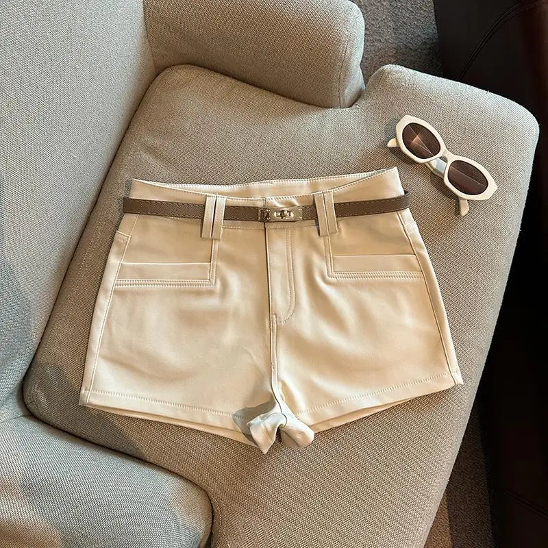 Autumn Black White Elegant Fashion Sexy Slim Short Pant Clothes Women Casual Beige Pockets High Waist Office Lady Shorts Simple