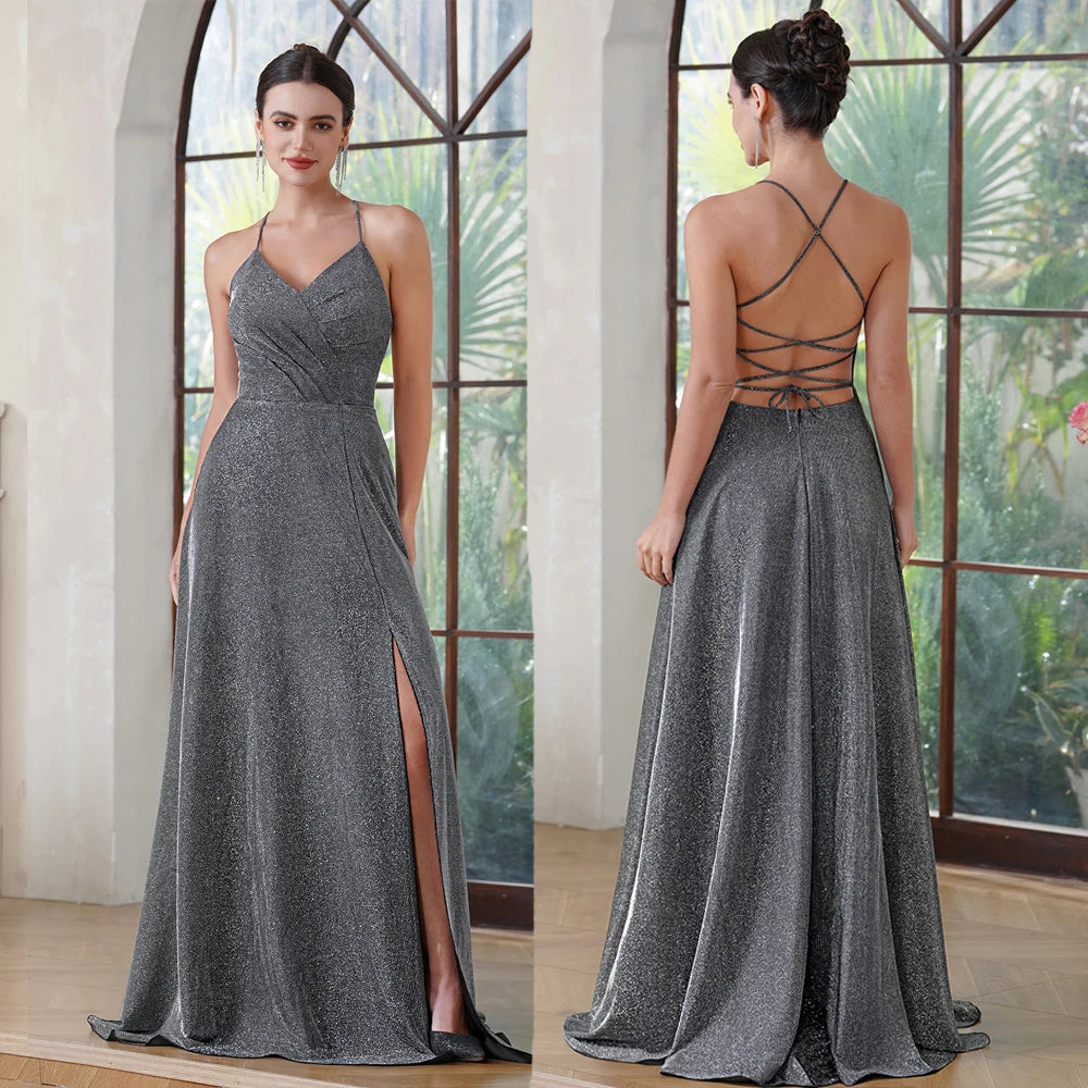 Navy Blue Spaghetti Straps A-Line Side Slit Sleeveless Satin Long Bridesmaid Dresses Women Elegant Formal Prom Party Gowns