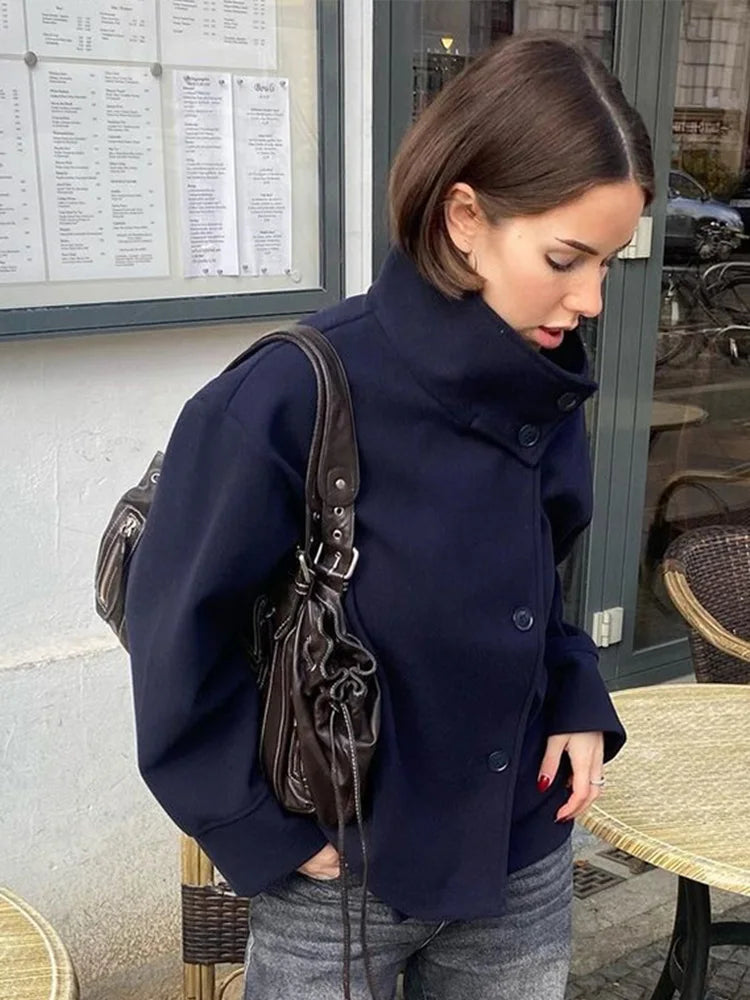 Stand Collar Women Spring Woolen Coats Single Breasted Loose Female Long Sleeve Jacket  Fashion Office Lady Street Short Coat