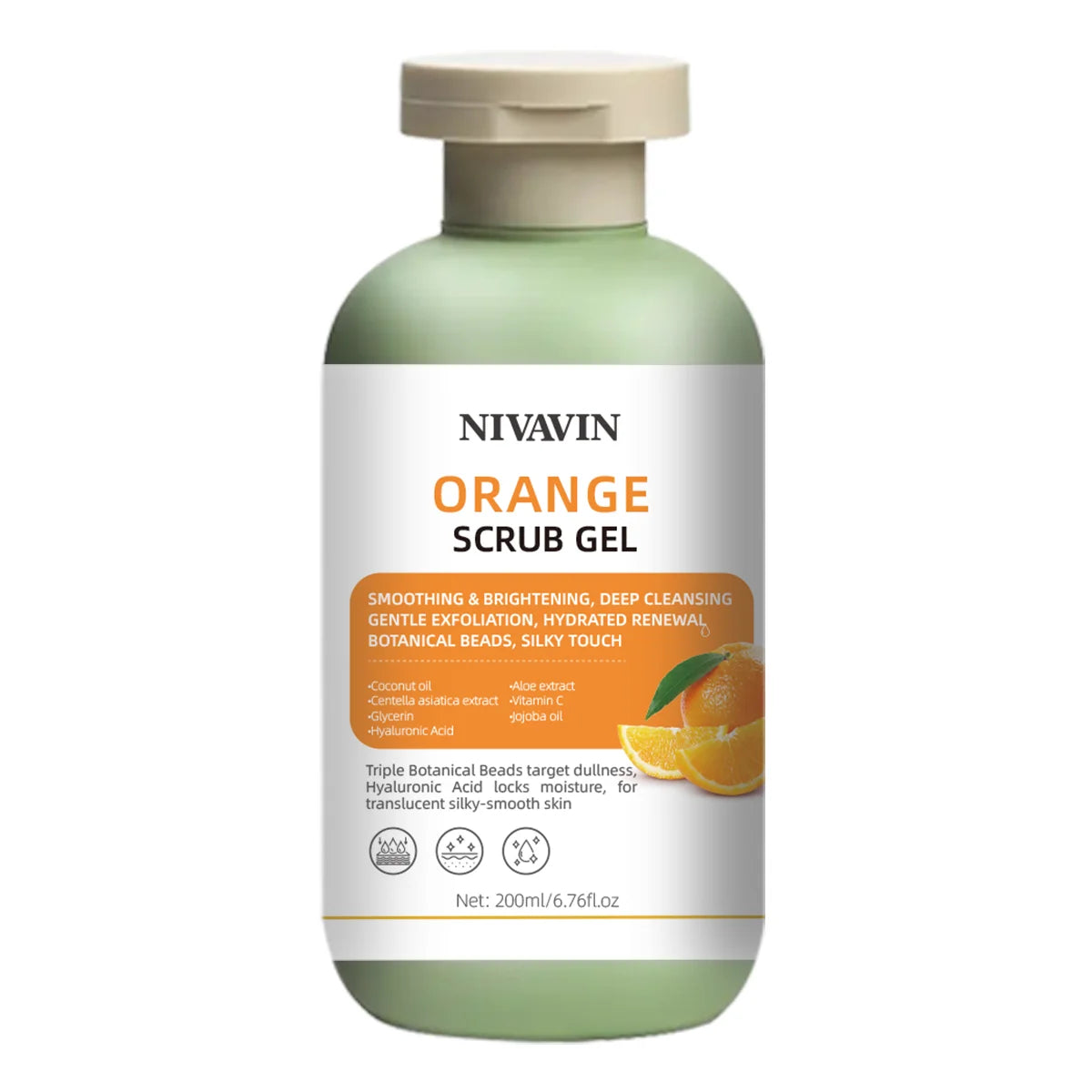 200ml Orange Scrub Gel is suitable for all skin types, gently removes dead skin cells, moisturizes and brightens the skin tone